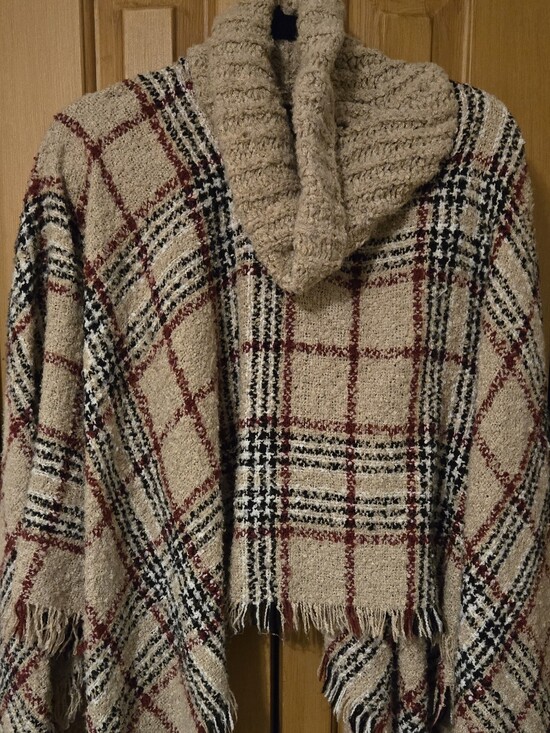 Sweaters - Plaid Winter Poncho Loose Collar Sweater - Beige